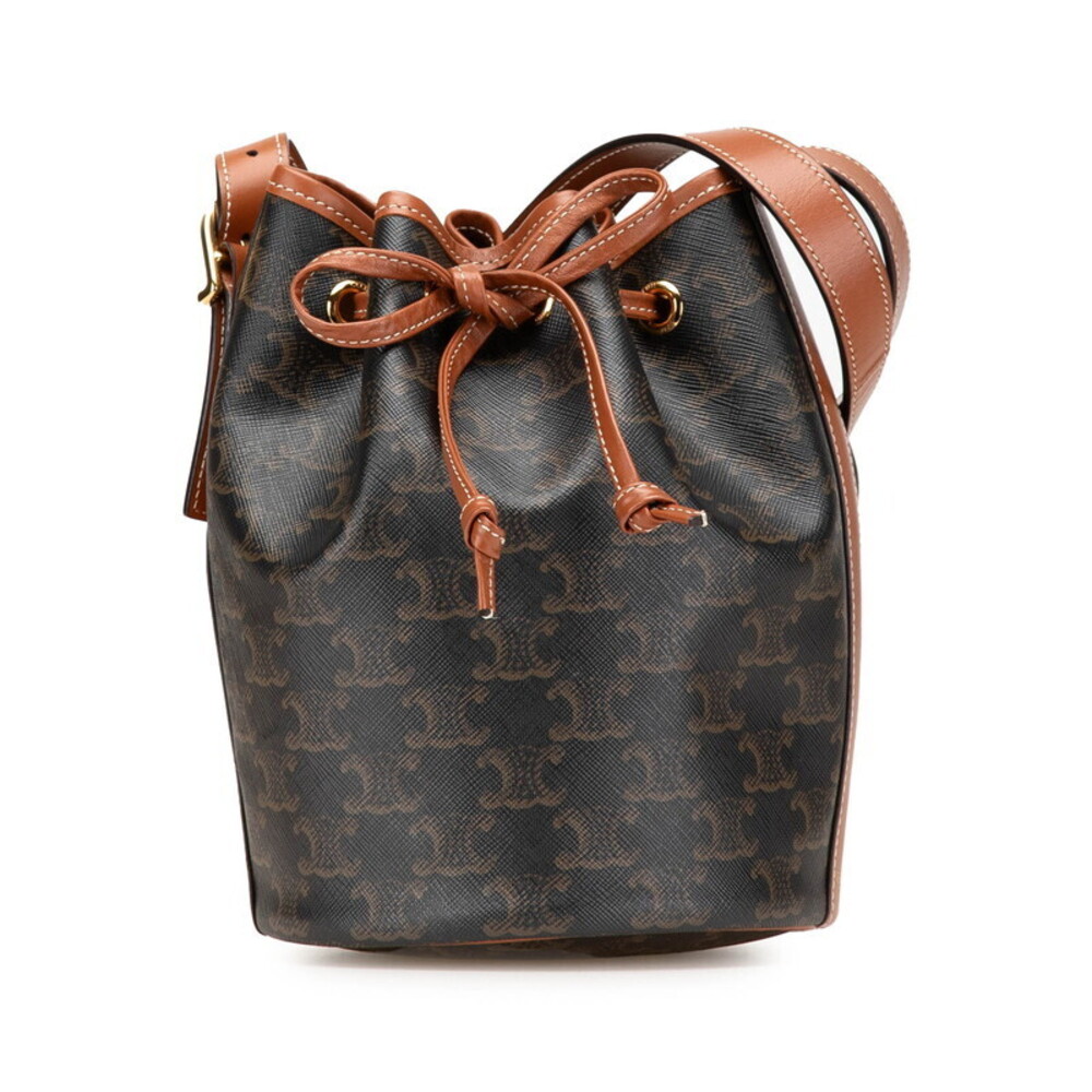 Celine Triomphe Drawstring Crossbody Shoulder Bag Brown Leather